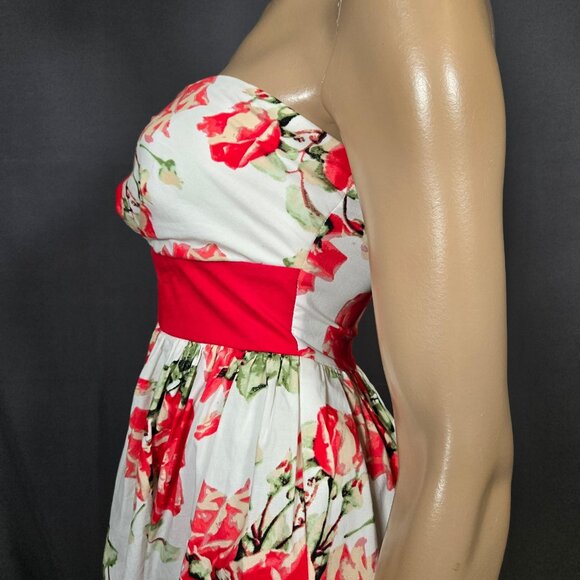 Y2K Trixxi Strapless Mini Dress Size 5 Red White Floral Rose Print Fit Flare - Picture 6 of 10